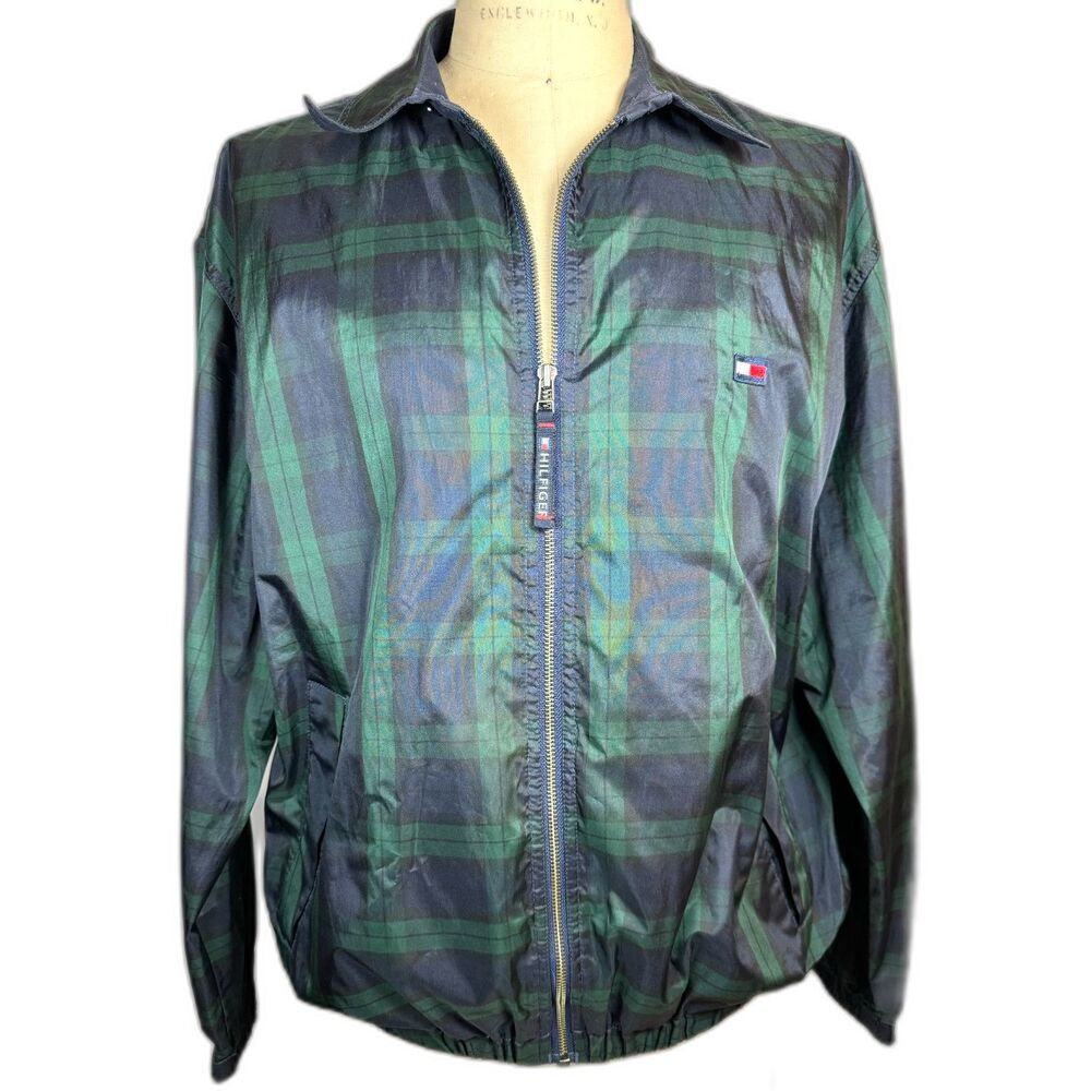 Tommy Hilfiger Jacket Size Large Men Lined FULL Zip GREEN BLUE TARTAN PLAID